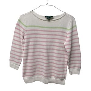 Lauren Ralph Lauren white pink Cotton Stripped Pastel knit sweater 3/4 sleeves